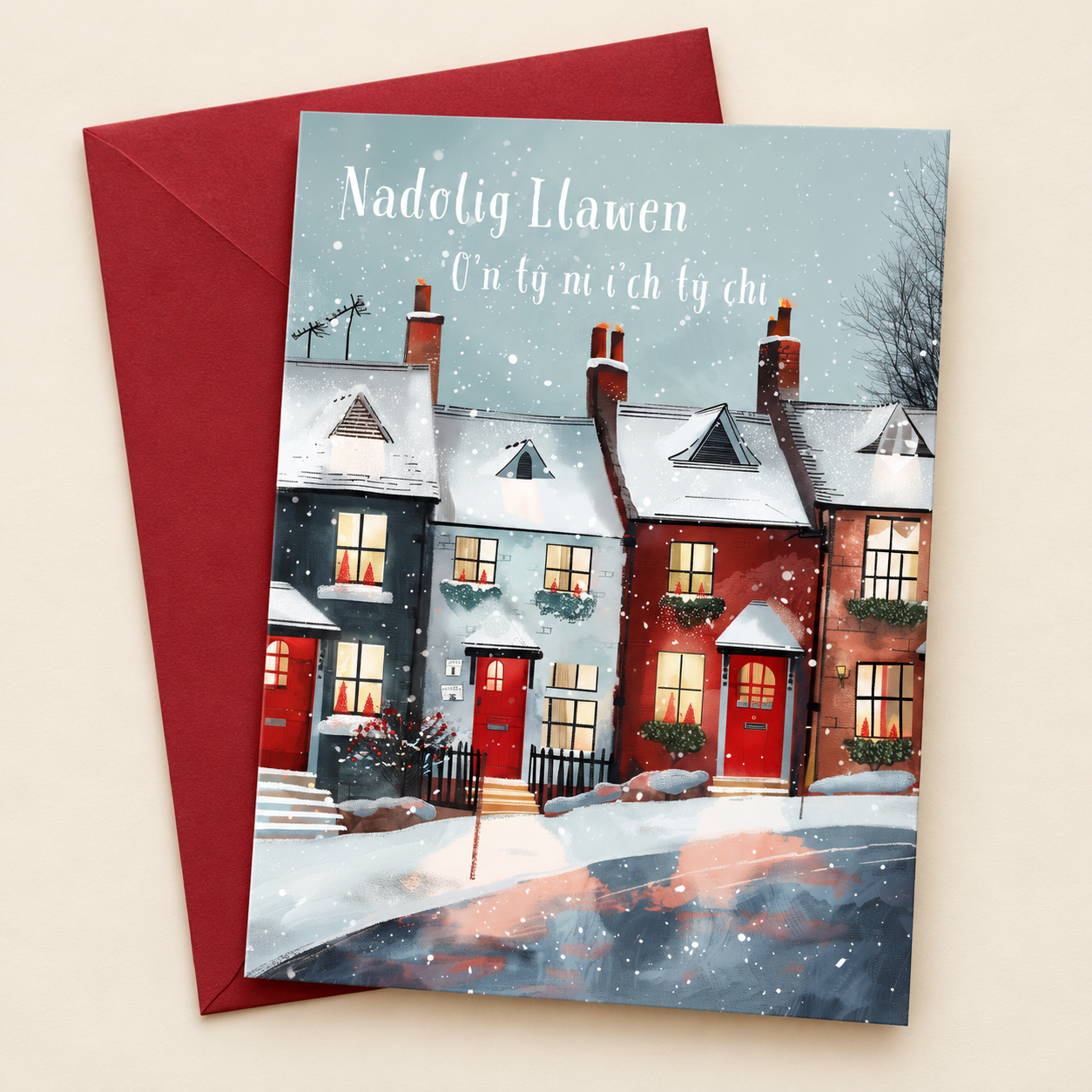 Nadolig Llawen o’n Tŷ Ni i’ch Tŷ Chi — Welsh Christmas card with snowy houses