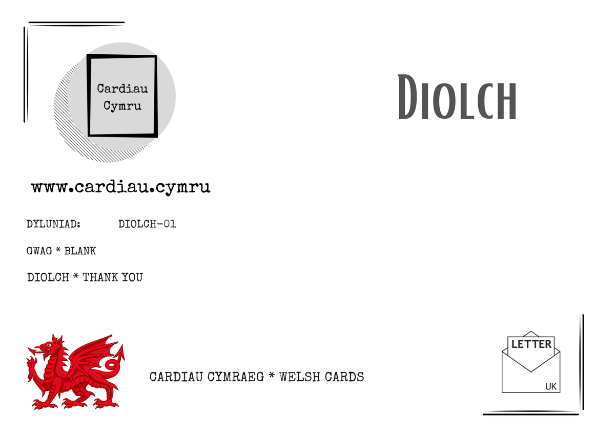 Cerdyn Diolch  | Cardiau.Cymru - Siop Y Pentan