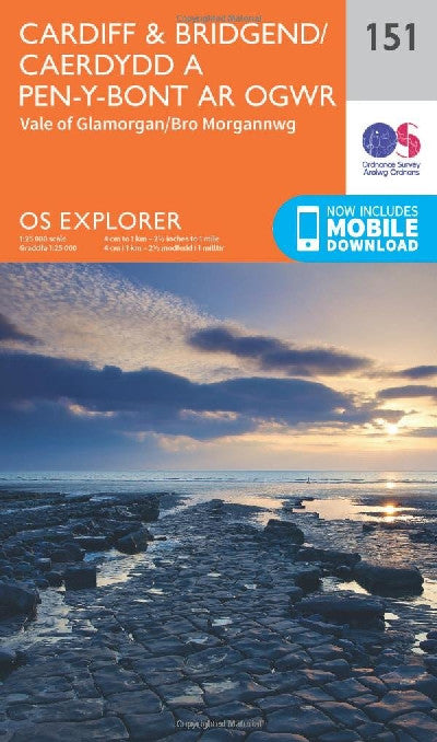 Clawr llyfr / Book cover: O.S. Explorer 151 Cardiff & Bridgend/Caerdydd a Pen-y-Bont ar Ogwr