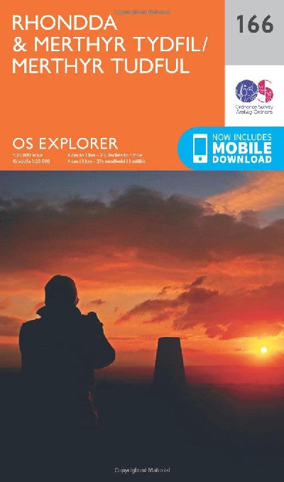 Clawr llyfr / Book cover: O.S. Explorer 166 Rhondda & Merthyr Tydfil/Merthyr Tudful