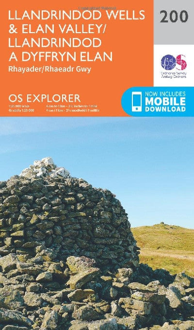 Clawr llyfr / Book cover: O.S. Explorer 200 Llandrindod Wells & Elan Valley/Llandrindod a Dyffryn Elan