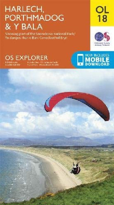 Clawr llyfr / Book cover: O.S. Explorer OL 18 Harlech, Porthmadog & y Bala