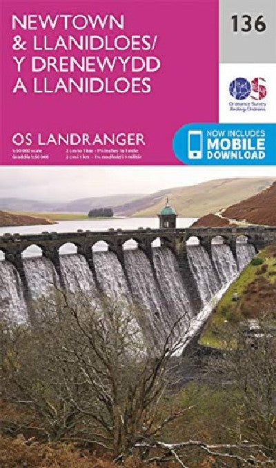 Clawr llyfr / Book cover: OS Landranger Map 136 Newtown & Llanidloes / Y Drenewydd a Llanidloes