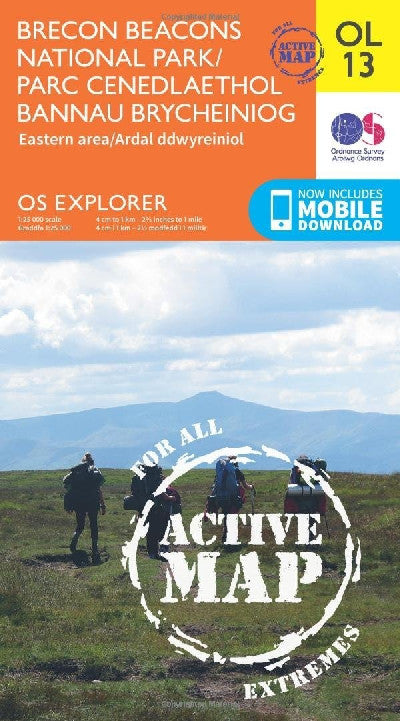 Clawr llyfr / Book cover: O.S. Explorer OL 13 Active Brecon Beacons National Park Eastern Area / Parc Cenedlaethol Bannau Brycheiniog Ardal Ddwyreiniol