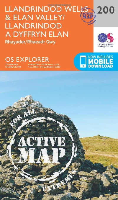 Clawr llyfr / Book cover: Os Explorer Active Map 200: Llandrindod Wells & Elan Valley / Llandrindod a Dyffryn Elan Map