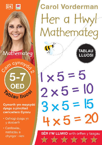 Clawr llyfr / Book cover: Her a Hwyl Mathemateg: Tablau Lluosi, Oed 5-7 (Maths Made Easy: Times Tables, Ages 5-7)