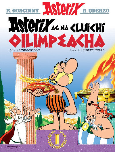 Clawr llyfr / Book cover: Asterix Ag Na Cluichí Oilimpeacha (Asterix in Irish)