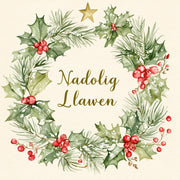 Nadolig Llawen — Torch gelyn / Welsh card featuring a wreath of holly and greenery with a gold star