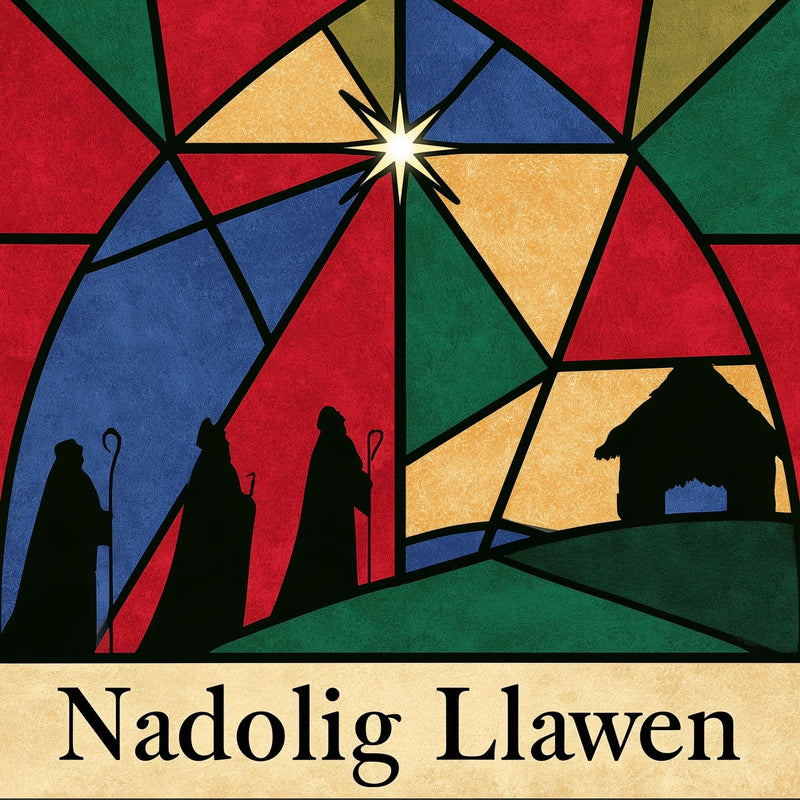 Nadolig Llawen — Y Geni / Welsh card featuring a Nativity scene in a stained-glass style