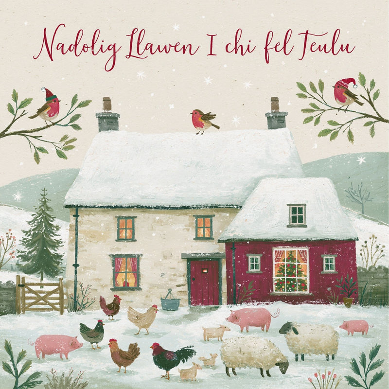Nadolig Llawen i Chi Fel Teulu — Fferm / Welsh card featuring a farmhouse and farm animals in a snowy scene