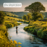 Dyluniad cerdyn pen-blwydd gyda golygfa wledig Gymreig gyda choeden a nant