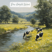 Dyluniad cerdyn pen-blwydd gyda golygfa wledig Gymreig gyda gwartheg yn yr afon