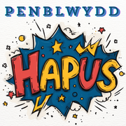 Dyluniad cerdyn pen-blwydd gyda dyluniad comig lliwgar 'Hapus'