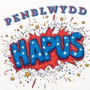 Dyluniad cerdyn pen-blwydd gyda geiriau comic coch a glas gyda sêr