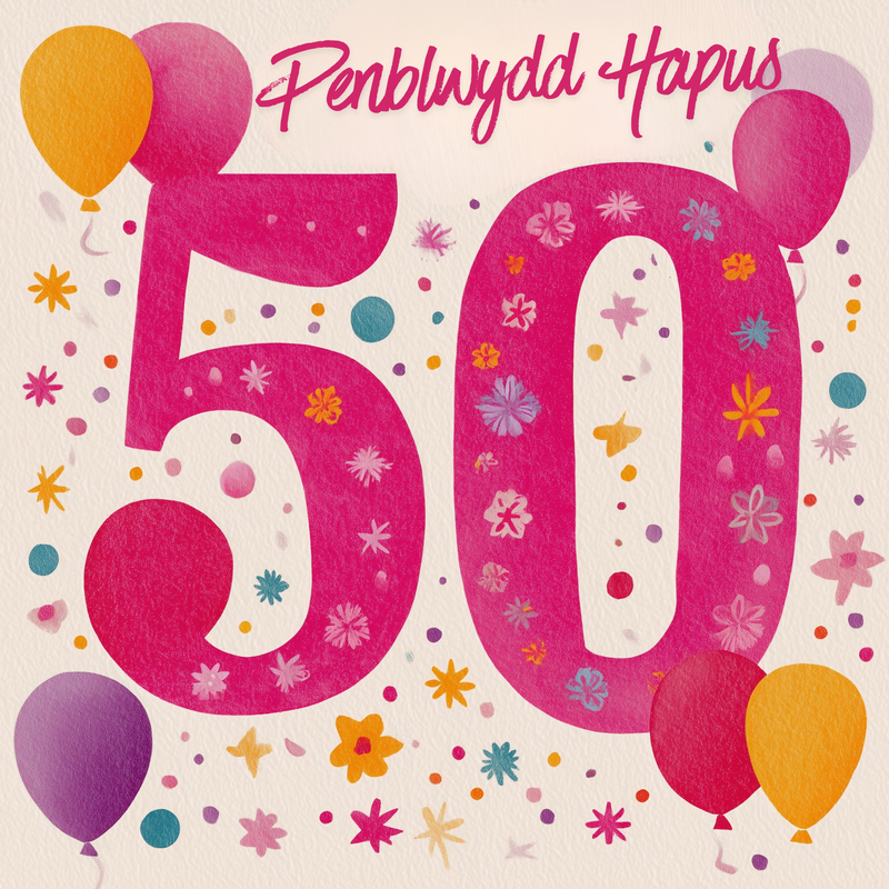 Dyluniad cerdyn pen-blwydd 50 oed gyda rhif 50 pinc, blodau a balwnau