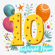 Dyluniad cerdyn pen-blwydd 10 oed gyda rhif 10 melyn, dail a balwnau