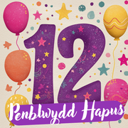 Dyluniad cerdyn pen-blwydd 12 oed gyda rhif 12 porffor, sêr a balwnau