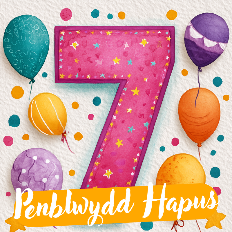 Dyluniad cerdyn pen-blwydd 7 oed gyda rhif 7 pinc, sêr a balwnau