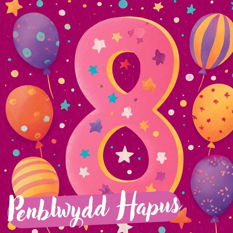Dyluniad cerdyn pen-blwydd 8 oed gyda rhif 8 pinc, sêr a balwnau