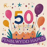 Dyluniad cerdyn pen-blwydd 50 oed gyda rhif 50, cacen a balwnau