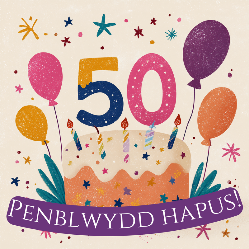 Dyluniad cerdyn pen-blwydd 50 oed gyda rhif 50, cacen a balwnau