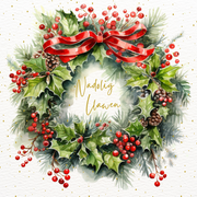 Dyluniad “Nadolig Llawen” gyda torch o gelyn ac aeron â rhuban coch / Welsh Christmas card artwork featuring a holly and berry wreath with a red ribbon