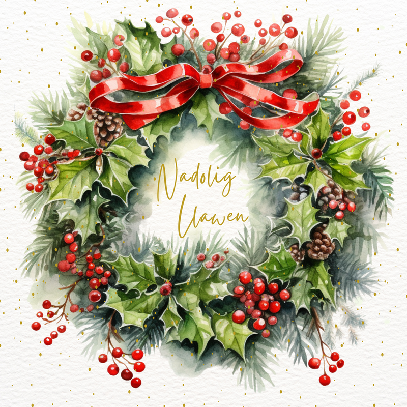 Dyluniad “Nadolig Llawen” gyda torch o gelyn ac aeron â rhuban coch / Welsh Christmas card artwork featuring a holly and berry wreath with a red ribbon