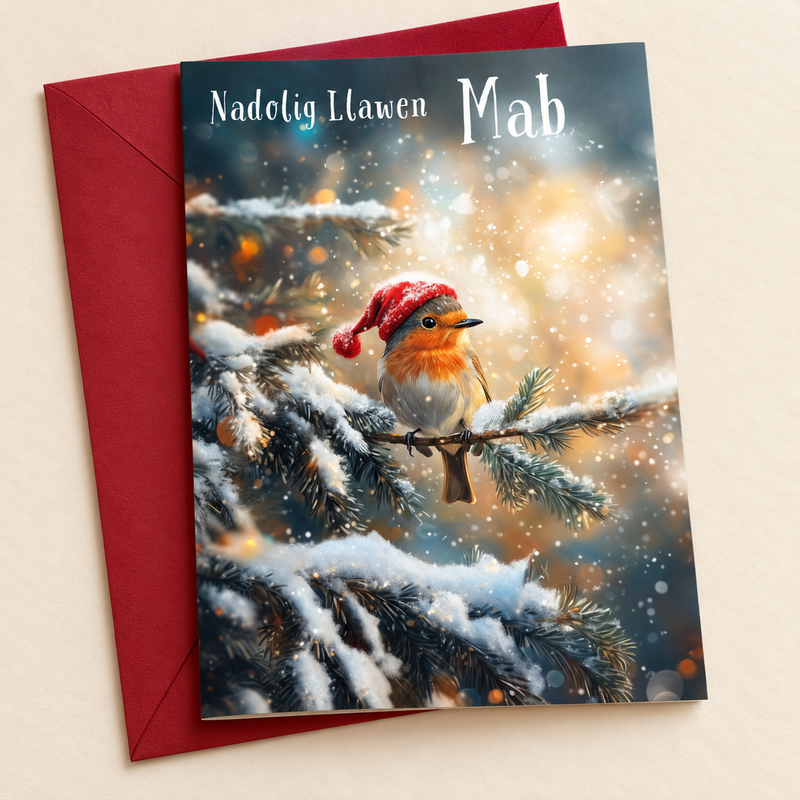 Cerdyn Nadolig Mab – Robin / Welsh Christmas card with a robin in a Christmas hat, lying flat beside a deep red envelope.