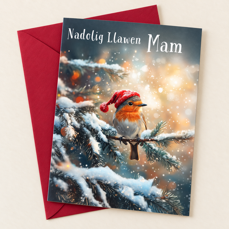 Cerdyn Nadolig Mam – Robin / Welsh Christmas card with a robin in a Christmas hat, lying flat beside a deep red envelope.