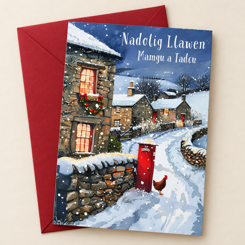 Cerdyn Nadolig Mamgu a Tadcu – Pentref / Welsh Christmas card with a village and a red postbox in the snow, lying flat beside a deep red envelope.