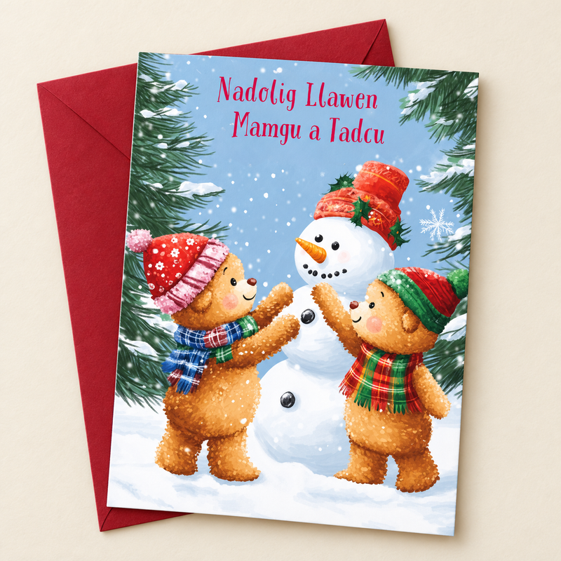 Cerdyn Nadolig Mamgu a Tadcu – Tedi / Welsh Christmas card with two teddies and a snowman, lying flat beside a deep red envelope.