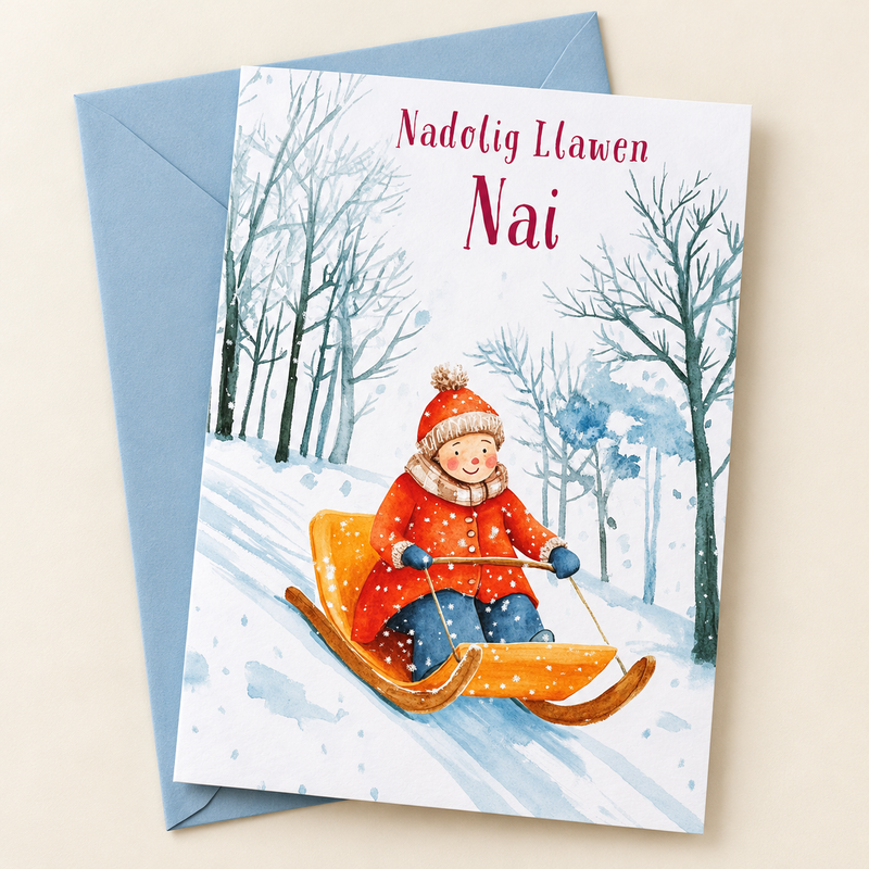 Cerdyn Nadolig Nai – Sled / Welsh Christmas card with a child sledging in the snow, lying flat beside a soft blue envelope.