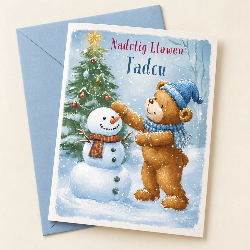 Cerdyn Nadolig Tadcu – Tedi a Dyn Eira / Welsh Christmas card with a teddy and a snowman, lying flat beside a soft blue envelope.