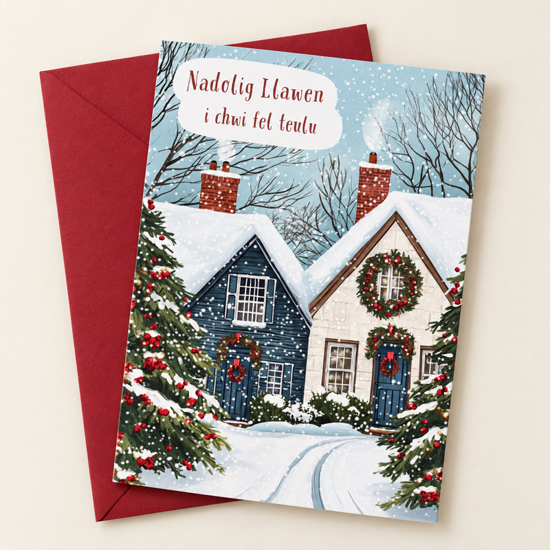Cerdyn Nadolig i Chwi fel Teulu – Bythynnod / Welsh Christmas card with cottages and Christmas trees in the snow, lying flat beside a deep red envelope.