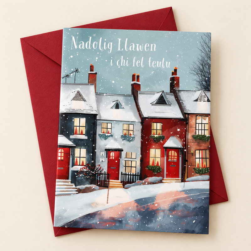 Cerdyn Nadolig i Chi fel Teulu – Tai / Welsh Christmas card with a row of houses in the snow, lying flat beside a deep red envelope.