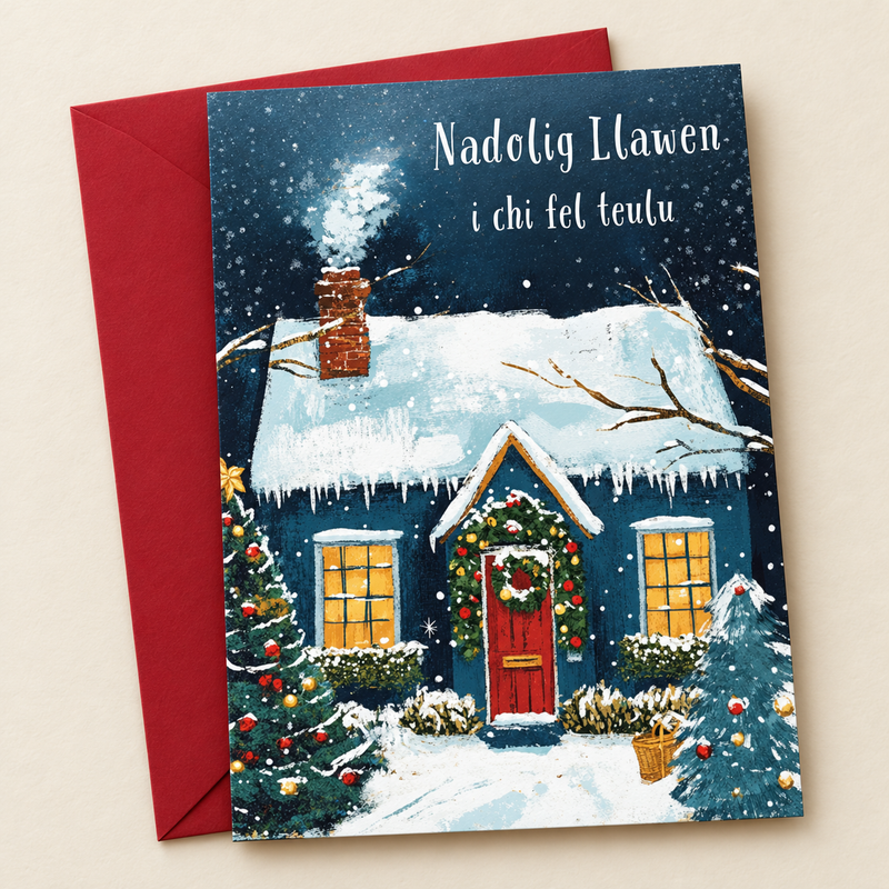 Cerdyn Nadolig i Chi fel Teulu – Bwthyn / Welsh Christmas card with a blue cottage in the snow, lying flat beside a deep red envelope.