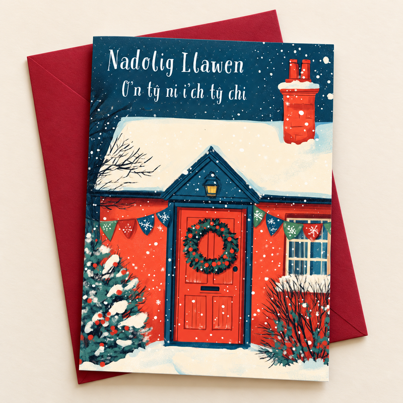 Cerdyn Nadolig O’n Tŷ Ni i’ch Tŷ Chi – Bwthyn / Welsh Christmas card with a colourful cottage with a red door in the snow, lying flat beside a deep red envelope.