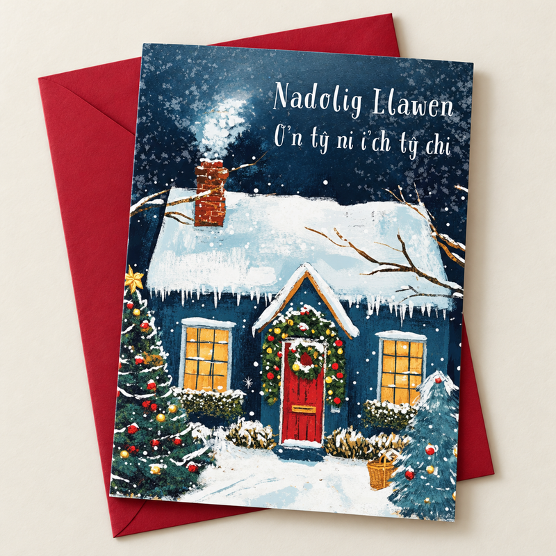 Cerdyn Nadolig O’n Tŷ Ni i’ch Tŷ Chi – Eira / Welsh Christmas card with a blue cottage in the snow, lying flat beside a deep red envelope.