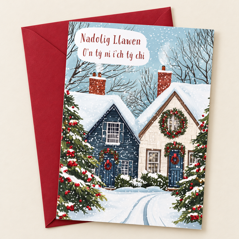 Cerdyn Nadolig O’n Tŷ Ni i’ch Tŷ Chi – Bythynnod / Welsh Christmas card with cottages and Christmas trees in the snow, lying flat beside a deep red envelope.