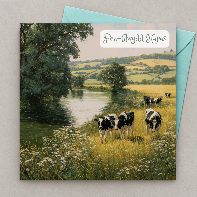 Cerdyn pen-blwydd gyda golygfa wledig Gymreig gyda gwartheg ger yr afon, yn gorwedd yn fflat gydag amlen laswyrdd