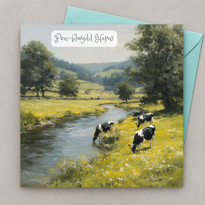 Cerdyn pen-blwydd gyda golygfa wledig Gymreig gyda gwartheg yn yr afon, yn gorwedd yn fflat gydag amlen laswyrdd