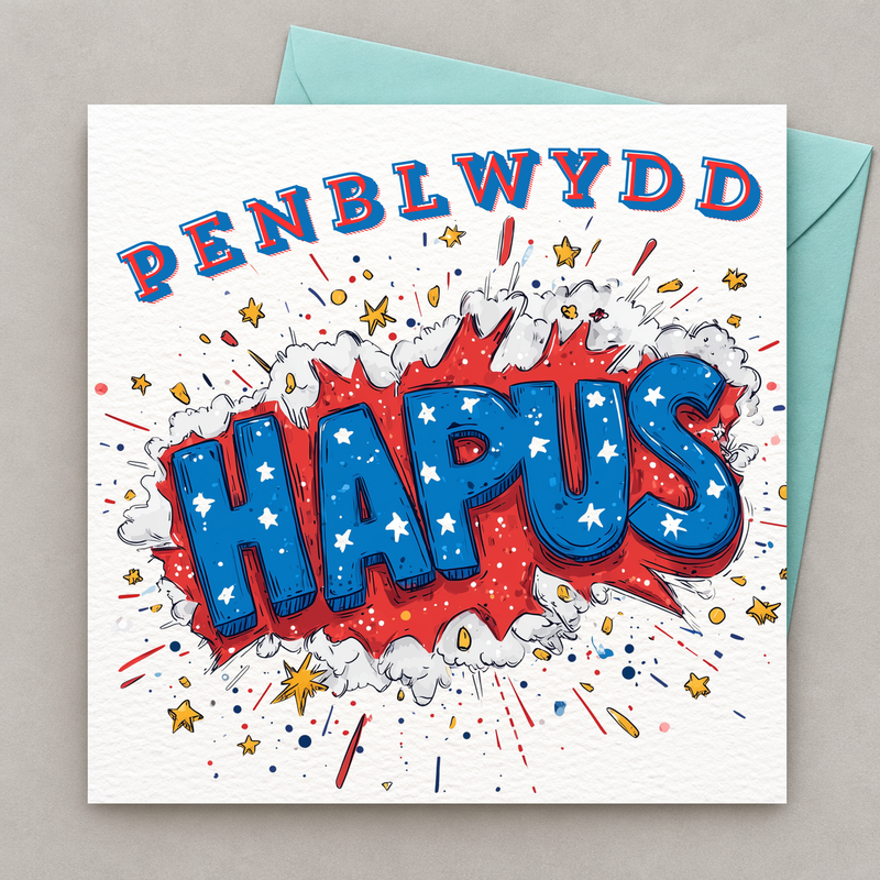 Cerdyn pen-blwydd gyda geiriau comic coch a glas gyda sêr, yn gorwedd yn fflat gydag amlen laswyrdd