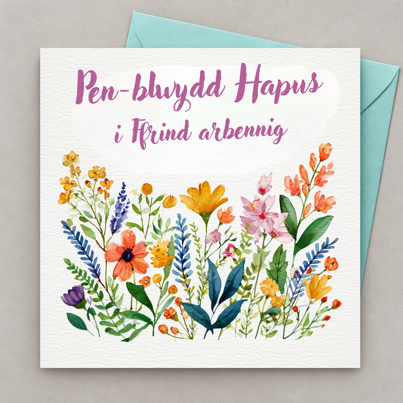 Cerdyn pen-blwydd i ffrind arbennig gyda blodau lliwgar, yn gorwedd yn fflat gydag amlen laswyrdd
