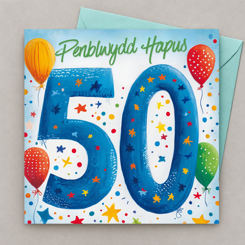 Cerdyn pen-blwydd 50 oed gyda rhif 50 glas, sêr a balwnau, yn gorwedd yn fflat gydag amlen laswyrdd