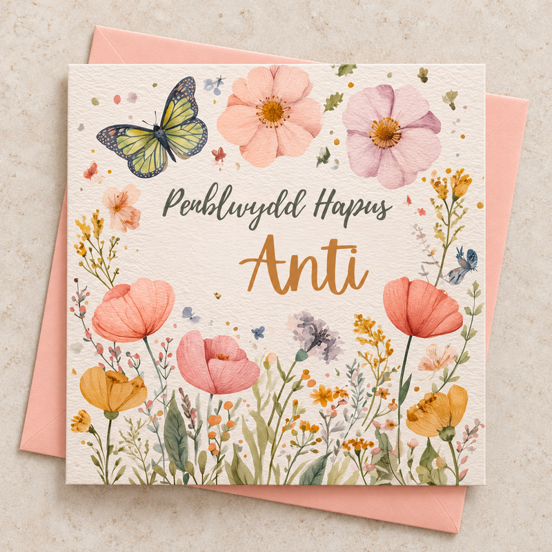 Cerdyn “Penblwydd Hapus Anti” gyda blodau a glöynnod byw / Welsh aunt birthday card with flowers and butterflies.